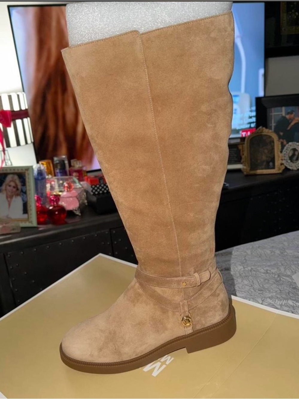 Michael Kors Tan Suede Over-the-Knee Boots with Gold Charm